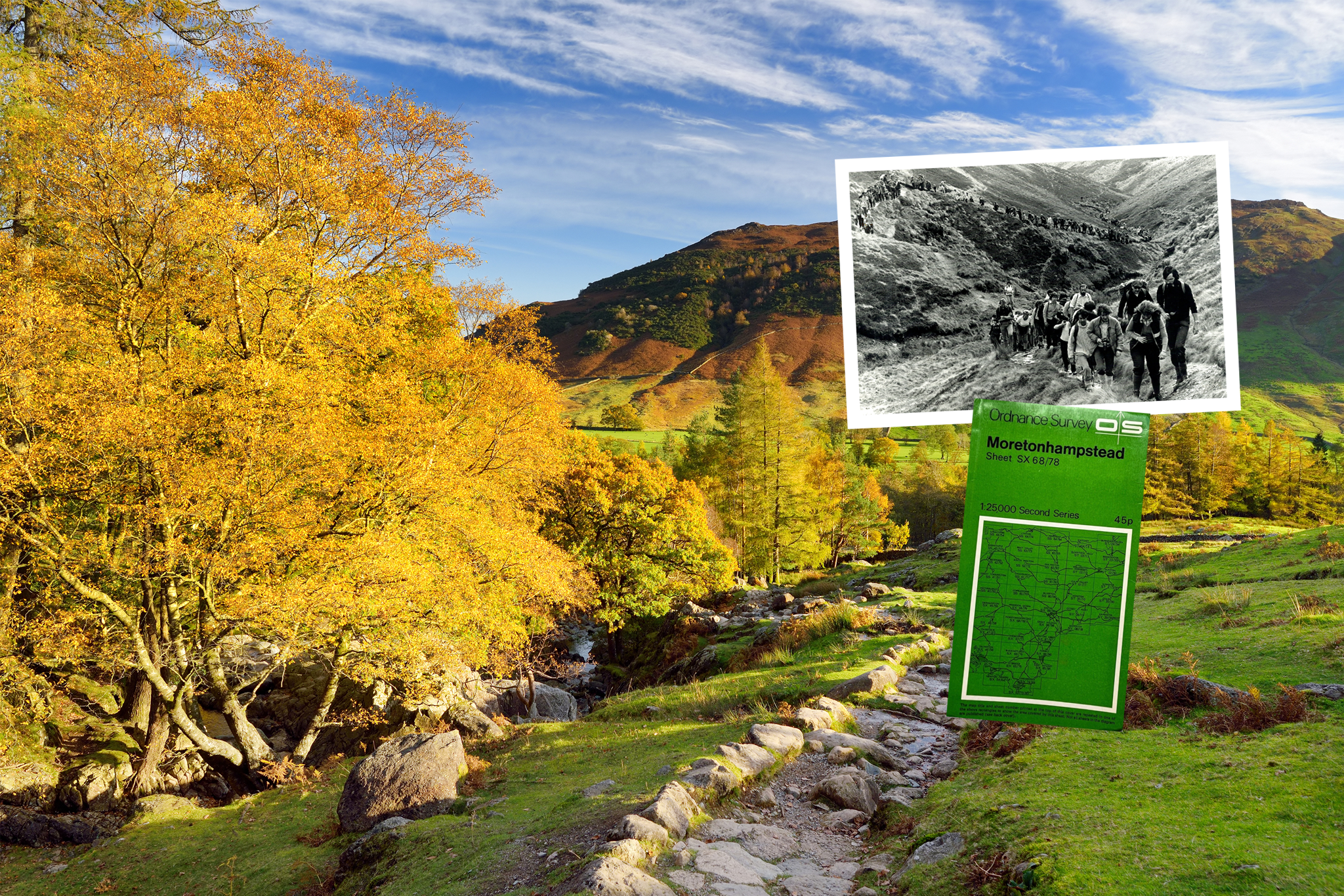 Outdoor scene overlaid with image of 1970s ramblers and Ordnance Survey map for Moretonhampstead