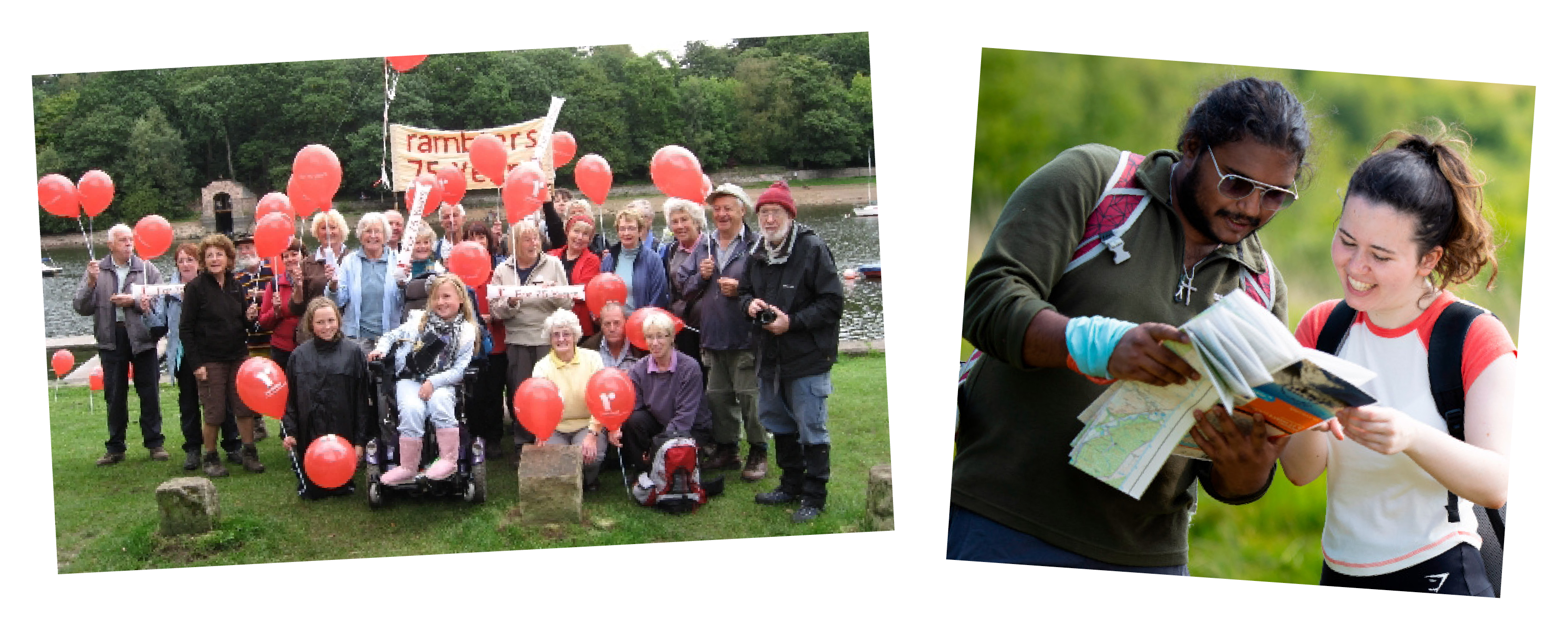 Ramblers at a 75h birthday celebration; two young people smiling and looking at a map