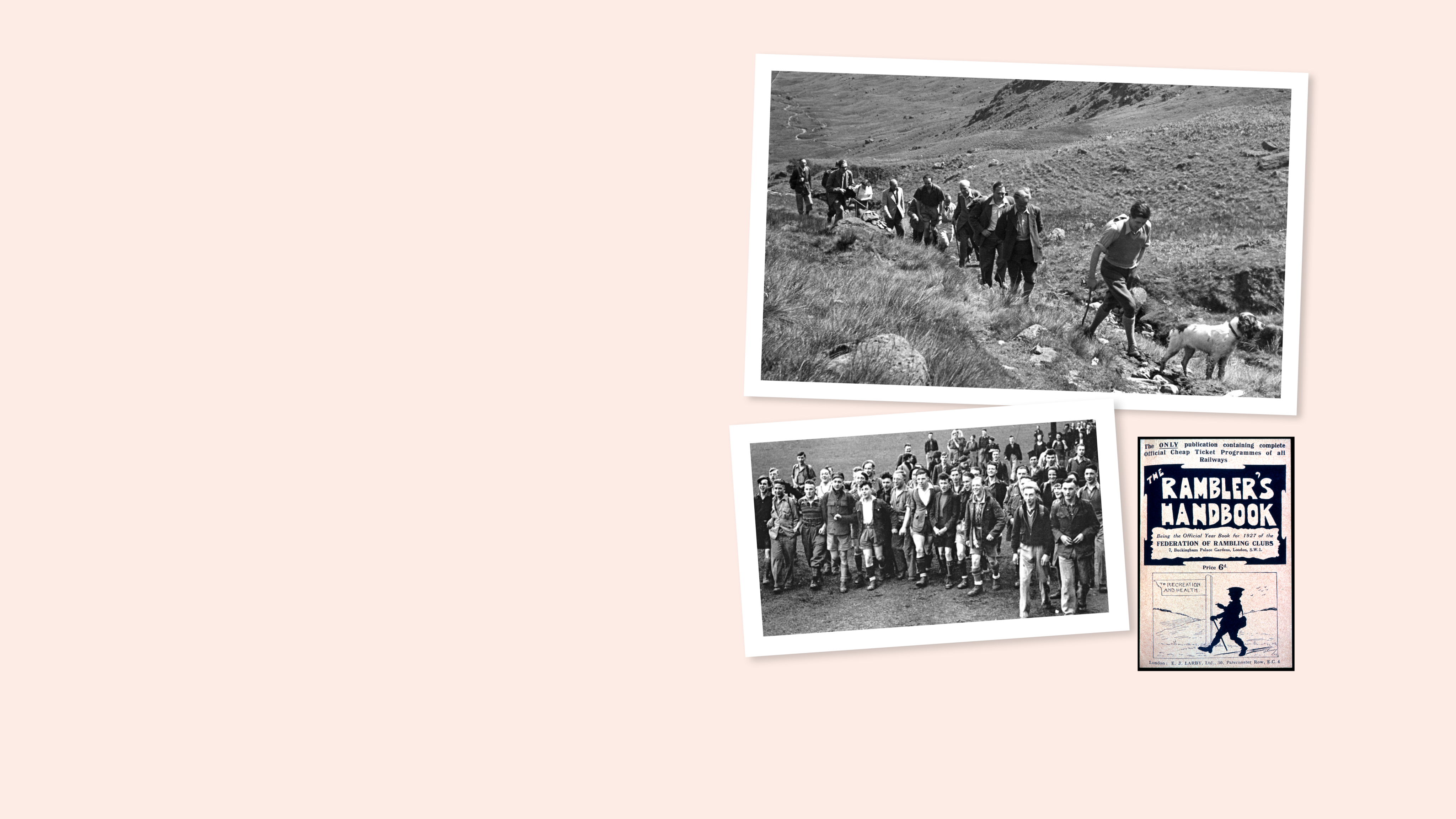Ramblers from the early 20th century; the Kinder Scout trespass; a copy of the Rambler's Handbook