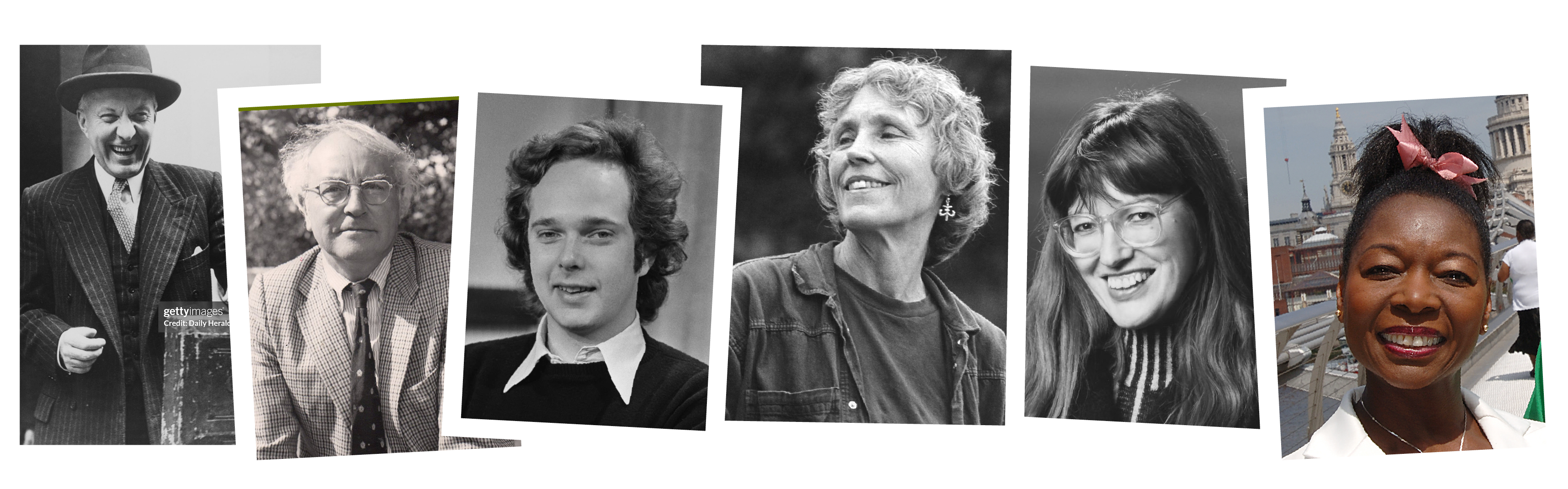 Headshots of Hugh Dalton, Chris Hall, Peter Melchett, Fay Godwin, Janet Street-Porter and Floella Benjamin