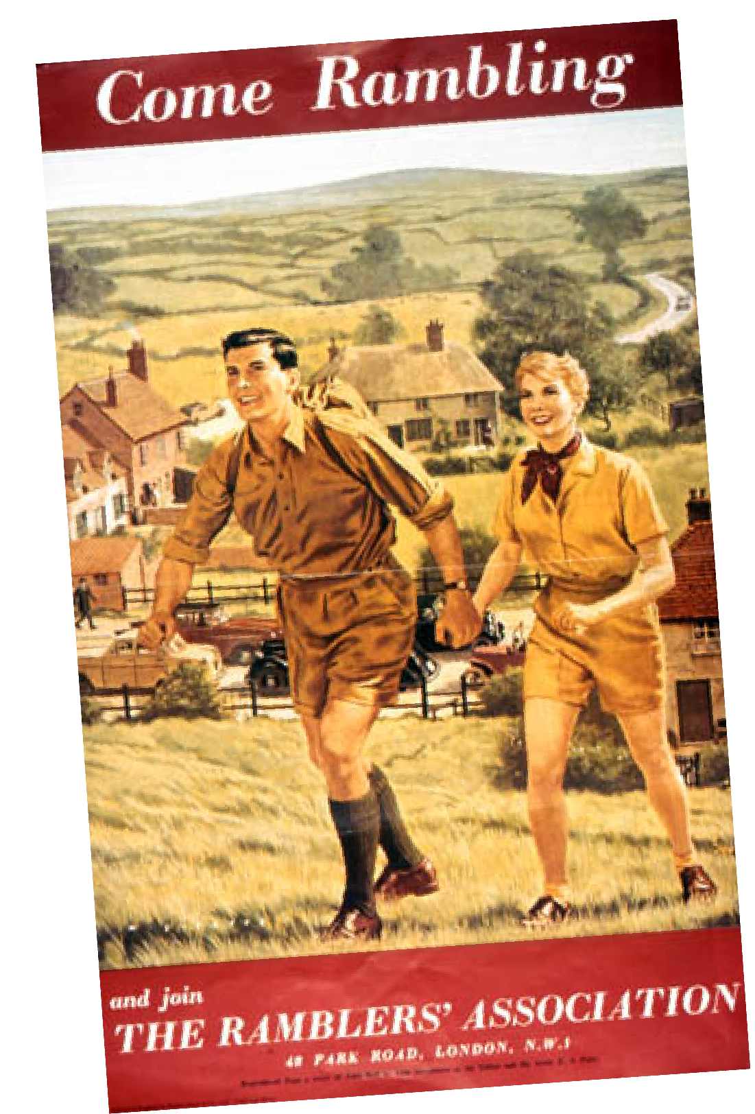 Poster showing an illustrated couple rambling. Text reads: Come rambling and join the Ramblers' Association