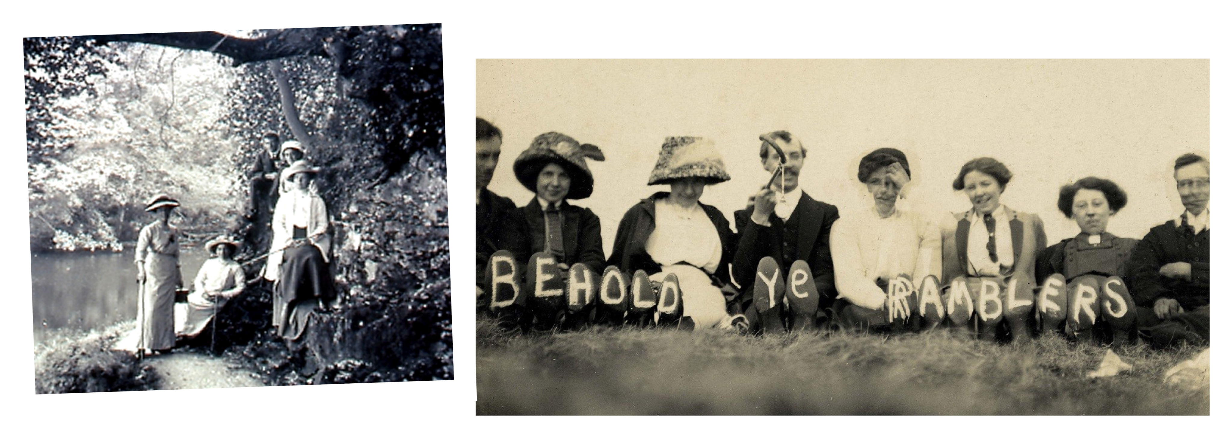 Two images of Ramblers from the 18th and 19th century. In the second image, the soles of their shoes spell out: Behold ye Ramblers