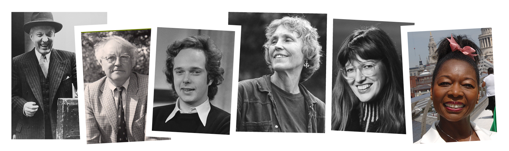 Headshots of Hugh Dalton, Chris Hall, Peter Melchett, Fay Godwin, Janet Street-Porter and Floella Benjamin