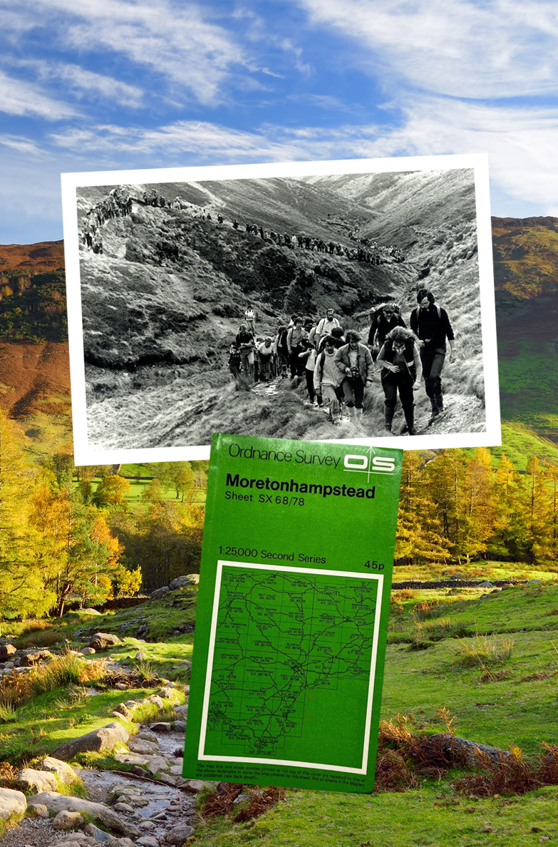 Outdoor scene overlaid with image of 1970s ramblers and Ordnance Survey map for Moretonhampstead