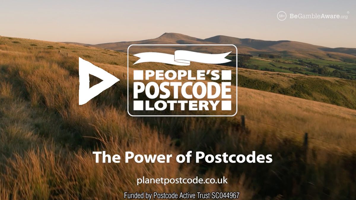 Promotional image showing outdoor landscape and text reading: People's Postcode Lottery: The Power of Postcodes