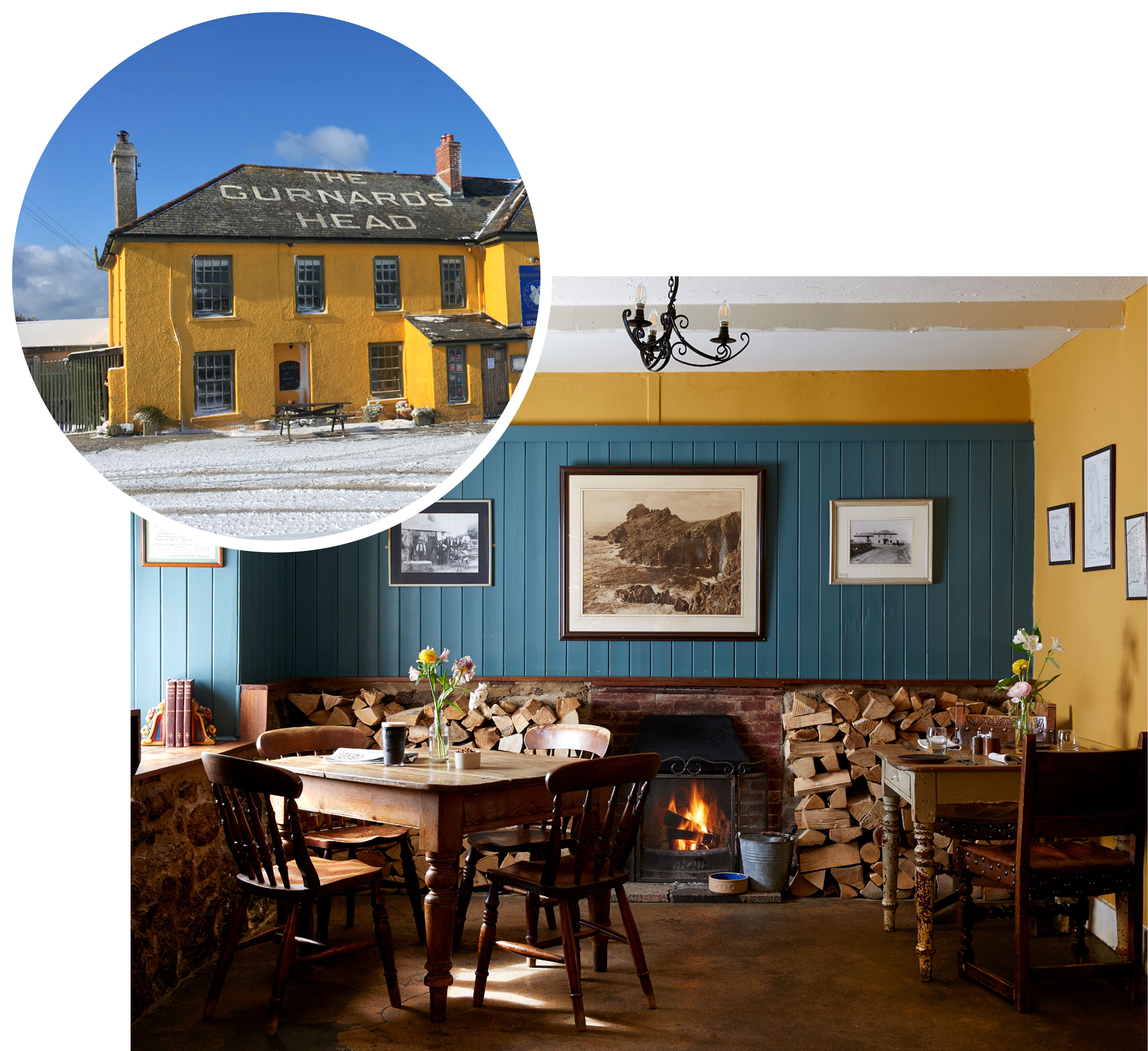 Exterior and interior of The Gurnard's Head, Zennor, Cornwall