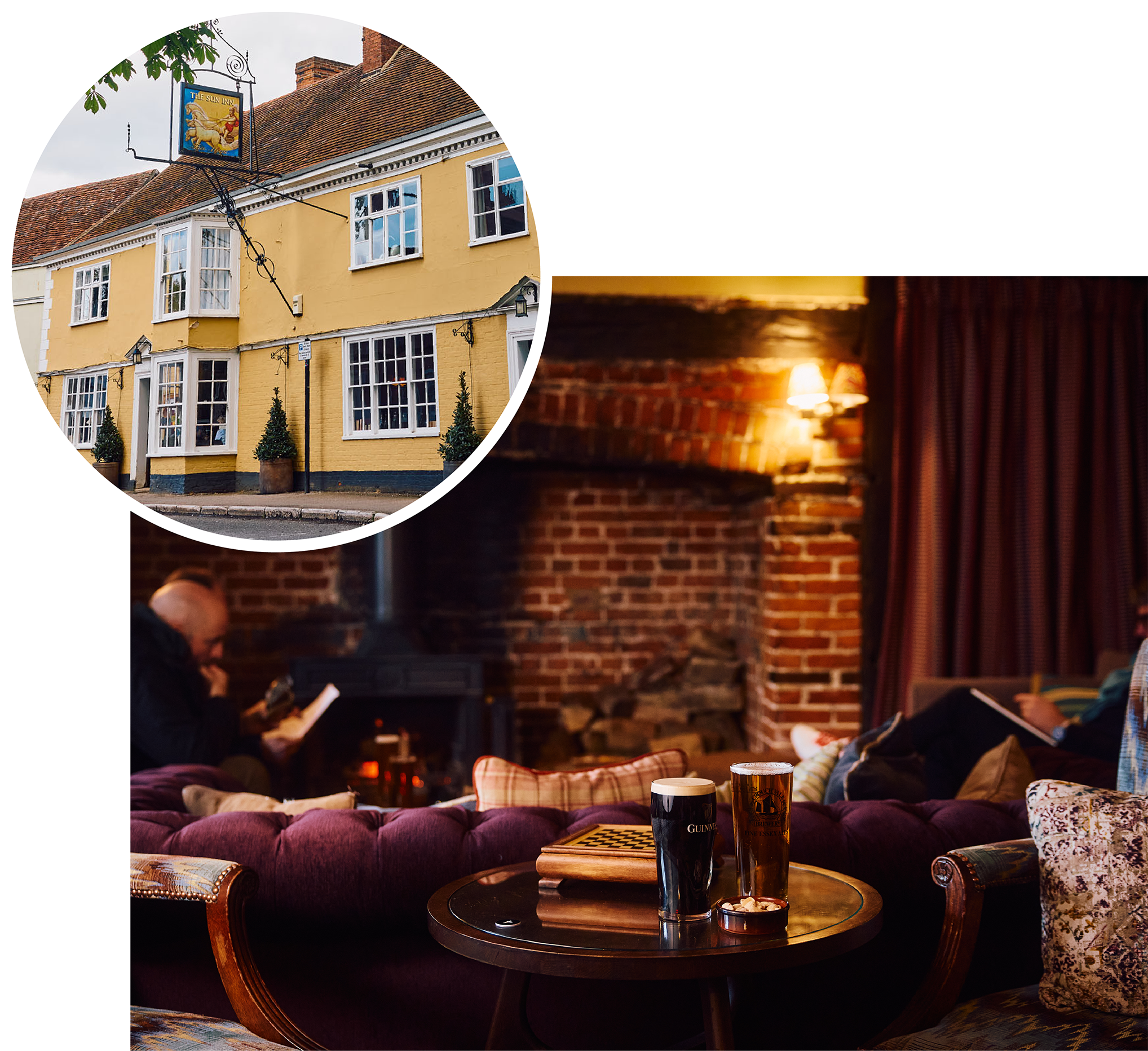 Interior and exterior of The Sun Inn, Dedham, Essex