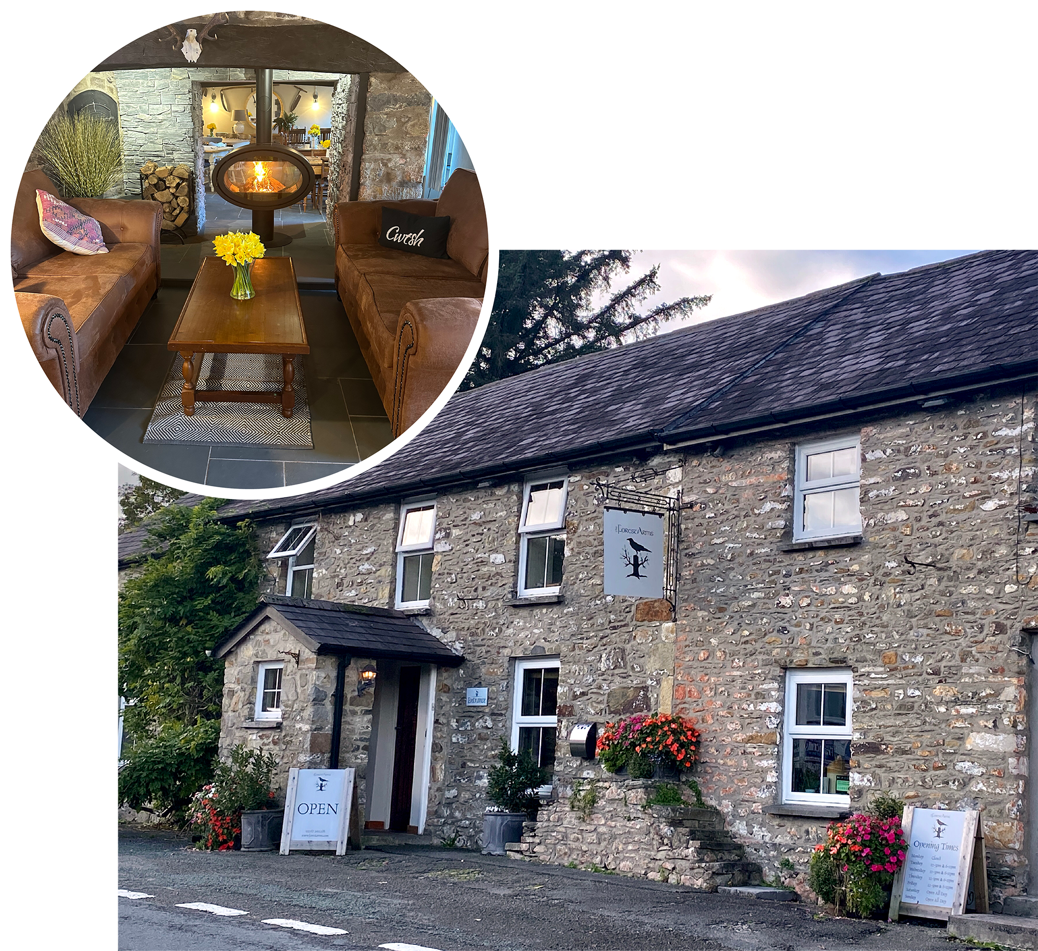Interior and exterior of The Forest Arms, Brechfa