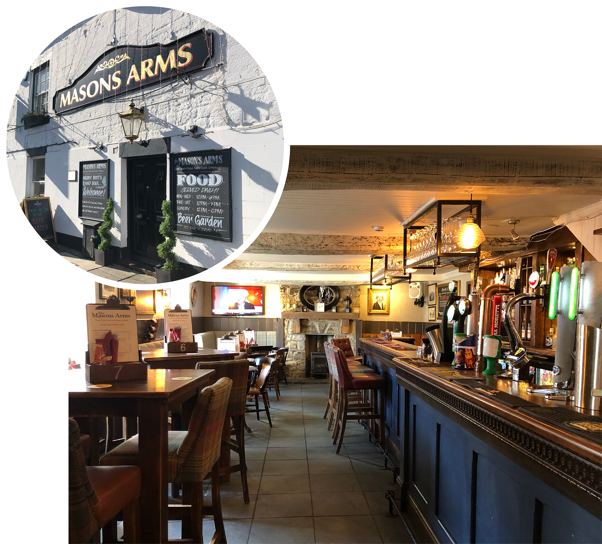 Exterior and interior of Masons Arms, Warkworth