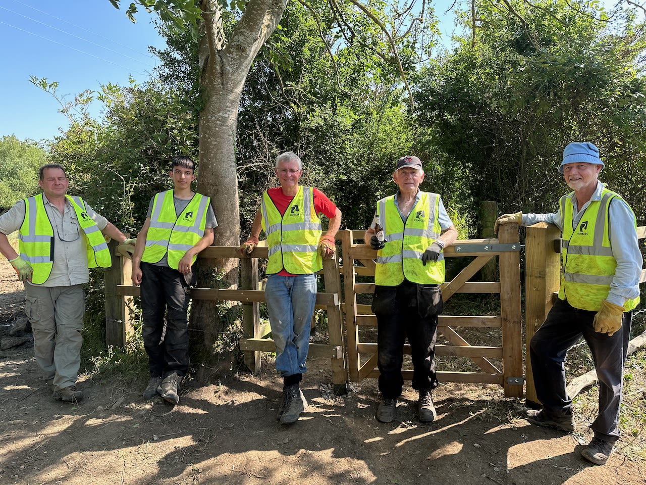Five Ramblers volunteers near a new gate
