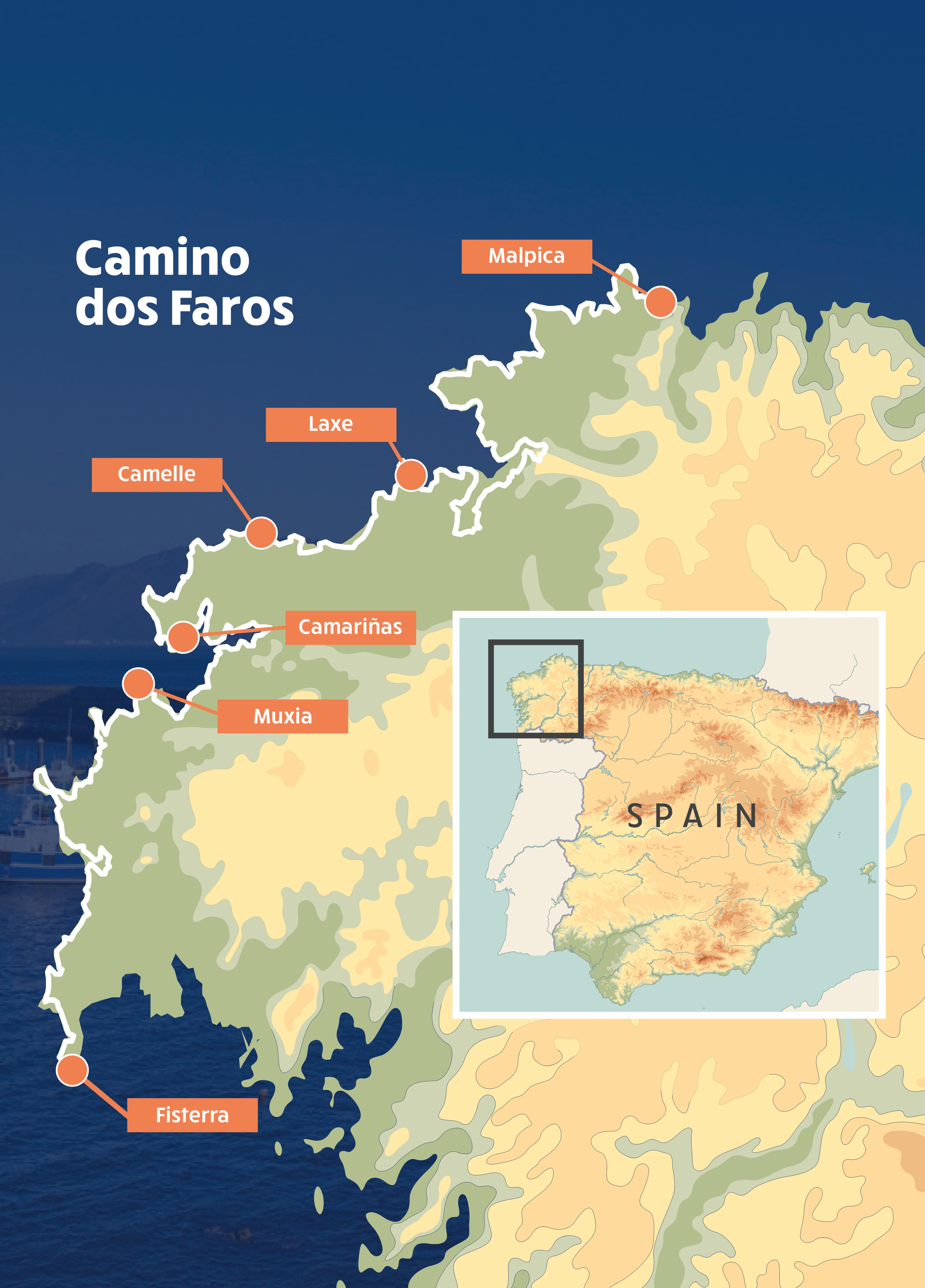 Map of Camino dos Faros route