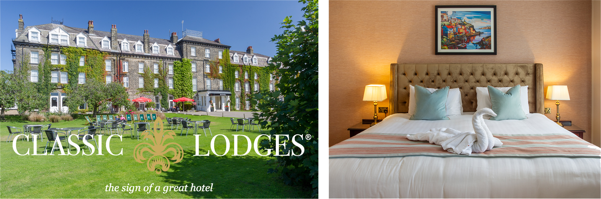 Exterior and  bedroom from a Classic Lodges hotel. Text reads: Classic Lodges: the sign of a great hotel